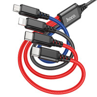 Кабель HOCO X76 USB to iP+Type-C+Type-C+Micro 2A, 1m, nylon, aluminum connectors Black+Red+Blue Кабель HOCO X76 USB to iP+Type-C+Type-C+Micro 2A, 1m, nylon, aluminum connectors Black+Red+Blue