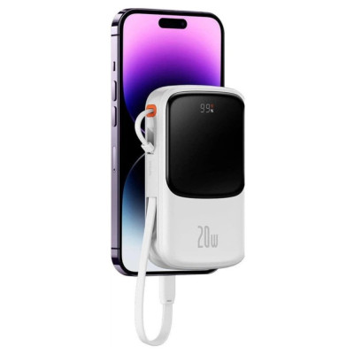 Зовнішній акумулятор Baseus Qpow Pro Digital Display Fast Charge Power Bank 10000mAh 20W iP Edition White(With: Simple charging cable Type-C 3A 0.3m W Зовнішній акумулятор Baseus Qpow Pro Digital Display Fast Charge Power Bank 10000mAh 20W iP Edition White(With: Simple charging cable Type-C 3A 0.3m W