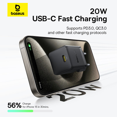 Мережевий зарядний пристрій Baseus Palm Fast Charger 1C 20W EU Cluster Black (with Baseus Mini White Cable USB-C to USB-C 60W (20V/3A) 1m Cluster Blac