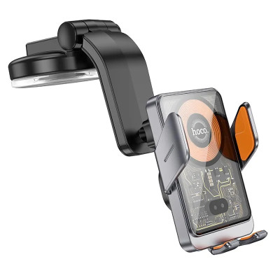 Автотримач для телефона з БЗП HOCO HW8 Transparent Discovery Edition wireless fast charging car holder(center console) Metal Gray