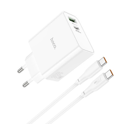 Мережевий зарядний пристрій HOCO C113A Awesome PD65W dual port(1A1C) charger set(Type-C to Type-C) White