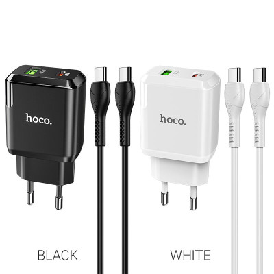 Мережевий зарядний пристрій HOCO N5 Favor dual port PD20W+QC3.0 charger set(Type-C to Type-C) White Мережевий зарядний пристрій HOCO N5 Favor dual port PD20W+QC3.0 charger set(Type-C to Type-C) White