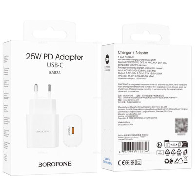 Мережевий зарядний пристрій BOROFONE BA82A Platinum single port PD25W charger(EU) White Мережевий зарядний пристрій BOROFONE BA82A Platinum single port PD25W charger(EU) White