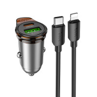 Автомобільний зарядний пристрій HOCO NZ16A Rigorous 43W dual port PD25W+QC3.0 car charger set(C to iP) Metal Grey Автомобільний зарядний пристрій HOCO NZ16A Rigorous 43W dual port PD25W+QC3.0 car charger set(C to iP) Metal Grey