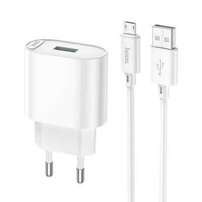 Мережевий зарядний пристрій з кабелем HOCO C109A Fighter single port QC3.0 charger set(Micro) White