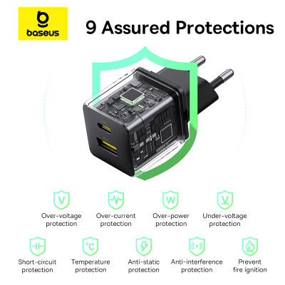 Мережевий зарядний пристрій з кабелем Baseus Palm Fast Charger C+U 30W EU Cluster Black (with Baseus Mini White Cable USB-C to USB-C 60W (20V/3A) 1m)