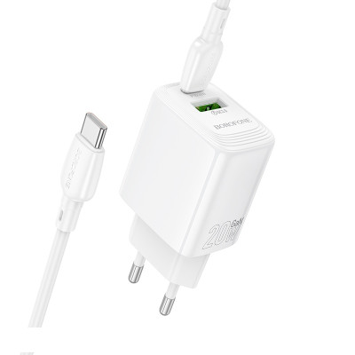 Мережевий зарядний пристрій з кабелем BOROFONE BN27 Fuente PD20W+QC3.0 charger set (C to C) (EU) White Мережевий зарядний пристрій з кабелем BOROFONE BN27 Fuente PD20W+QC3.0 charger set (C to C) (EU) White
