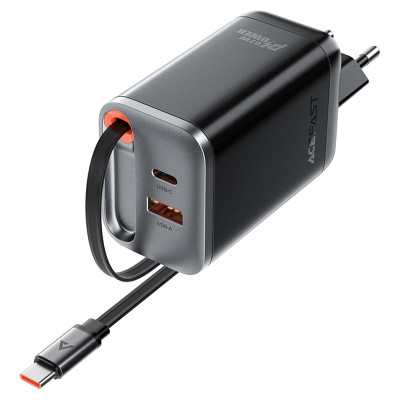 Мережевий зарядний пристрій з кабелем ACEFAST A111 PD67W GaN charger(2*USB-C+USB-A) with retractable cable Black