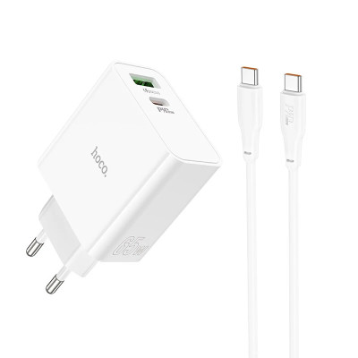 Мережевий зарядний пристрій HOCO C113A Awesome PD65W dual port(1A1C) charger set(Type-C to Type-C) White