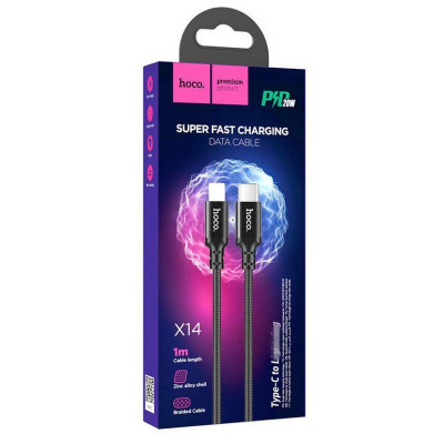 Кабель HOCO X14 Type-C to iP 3A, 20W, 1m, nylon, aluminum connectors, Black Кабель HOCO X14 Type-C to iP 3A, 20W, 1m, nylon, aluminum connectors, Black