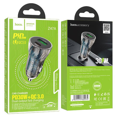 Автомобільний зарядний пристрій HOCO Z47A Transparent Discovery Edition dual port PD30W+QC3.0 car charger Transparent Black Автомобільний зарядний пристрій HOCO Z47A Transparent Discovery Edition dual port PD30W+QC3.0 car charger Transparent Black