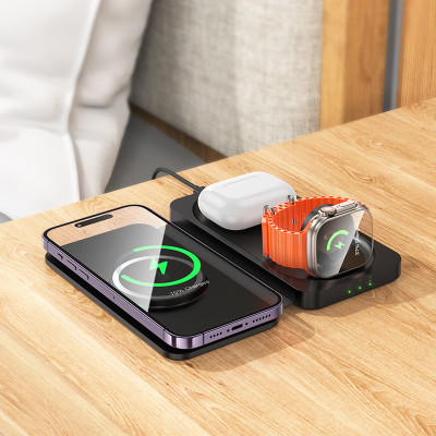 Бездротовий зарядний пристрій HOCO CQ13 Triumph 3-in-1 travel folding wireless fast charger Black