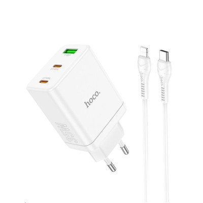 Мережевий зарядний пристрій HOCO N33 Start three-port PD35W(2C1A) charger set(C to iP) White Мережевий зарядний пристрій HOCO N33 Start three-port PD35W(2C1A) charger set(C to iP) White