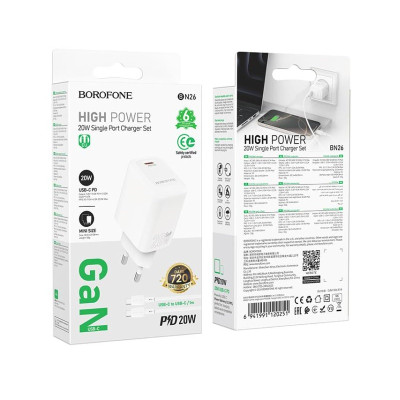 Мережевий зарядний пристрій з кабелем BOROFONE BN26 Fuente single-port PD20W charger set (C to C) (EU) White Мережевий зарядний пристрій з кабелем BOROFONE BN26 Fuente single-port PD20W charger set (C to C) (EU) White