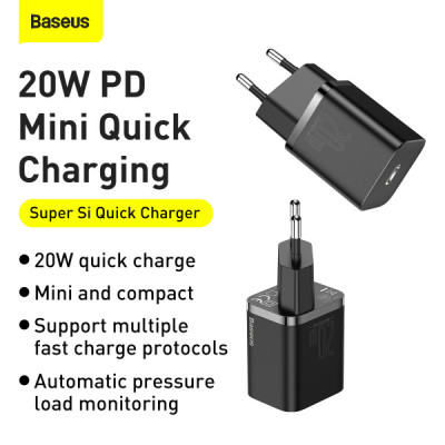 Мережевий зарядний пристрій Baseus Super Si Quick Charger 1C 20W EU Black