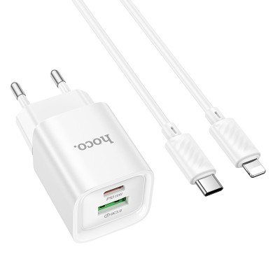 Мережевий зарядний пристрій з кабелем HOCO C147A Charm PD20W+QC3.0 charger set (C to iP)(EU) White Мережевий зарядний пристрій з кабелем HOCO C147A Charm PD20W+QC3.0 charger set (C to iP)(EU) White