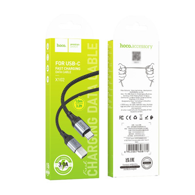 Кабель HOCO X102 USB to Type-C 3A, 1m, nylon, aluminum connectors, Black Кабель HOCO X102 USB to Type-C 3A, 1m, nylon, aluminum connectors, Black