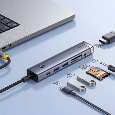 USB-хаб Baseus UltraJoy Series 7-Port HUB AIR Space Grey (Type-C to HDMI4K@60Hz*1+USB3.0*2+PD*1+SD/TF3.0*1+3.5mm*1) USB-хаб Baseus UltraJoy Series 7-Port HUB AIR Space Grey (Type-C to HDMI4K@60Hz*1+USB3.0*2+PD*1+SD/TF3.0*1+3.5mm*1)
