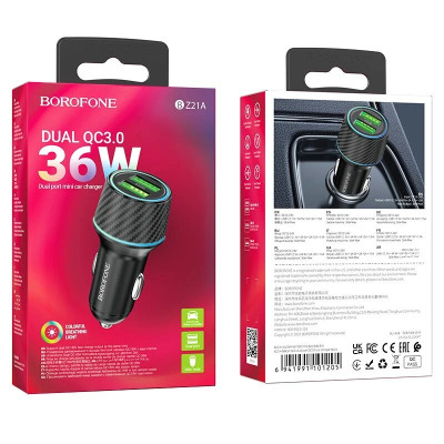 Автомобільний зарядний пристрій BOROFONE BZ21A Brilliant 36W dual port QC3.0 car charger Black Автомобільний зарядний пристрій BOROFONE BZ21A Brilliant 36W dual port QC3.0 car charger Black