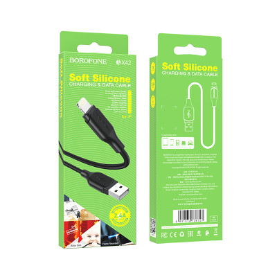 Кабель BOROFONE BX42 USB to iP 2.4A, 1m, silicone, TPE connectors, Black Кабель BOROFONE BX42 USB to iP 2.4A, 1m, silicone, TPE connectors, Black
