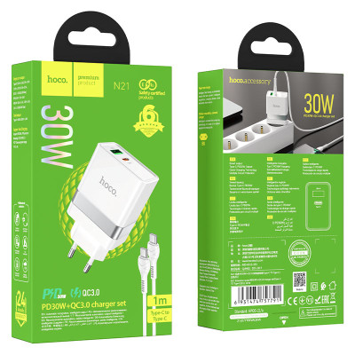 Мережевий зарядний пристрій HOCO N21 Extension speed PD30W+QC3.0 charger set(Type-C to Type-C) White