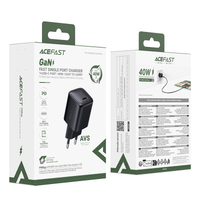 Мережевий зарядний пристрій ACEFAST A136 PD40W mini GaN USB-C fast charger Black