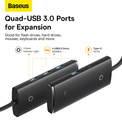 USB-хаб Baseus Lite Series 4-Port Type-C HUB Adapter (Type-C to USB 3.0*4) 25cm Black
