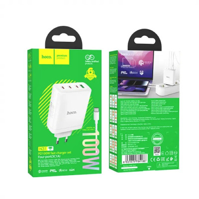Мережевий зарядний пристрій HOCO N31 Leader PD100W four-port(3C1A) fast charger set(Type-C to Type-C) White Мережевий зарядний пристрій HOCO N31 Leader PD100W four-port(3C1A) fast charger set(Type-C to Type-C) White