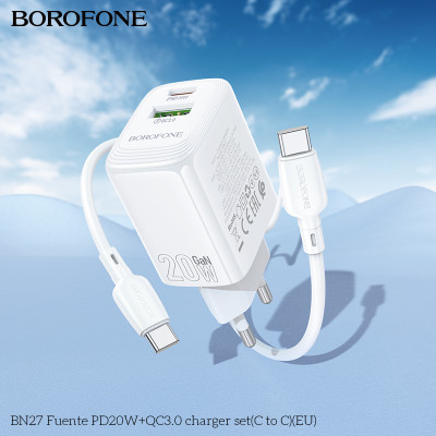 Мережевий зарядний пристрій з кабелем BOROFONE BN27 Fuente PD20W+QC3.0 charger set (C to C) (EU) White Мережевий зарядний пристрій з кабелем BOROFONE BN27 Fuente PD20W+QC3.0 charger set (C to C) (EU) White