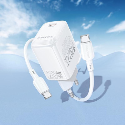 Мережевий зарядний пристрій з кабелем BOROFONE BN26 Fuente single-port PD20W charger set (C to C) (EU) White Мережевий зарядний пристрій з кабелем BOROFONE BN26 Fuente single-port PD20W charger set (C to C) (EU) White