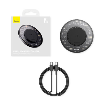 Бездротовий зарядний пристрій Baseus Simple 2 Wireless Charger 15W Cluster Black（Include: Cable Type-C To Type-C 24W 12V/2A 1m Cluster Black)