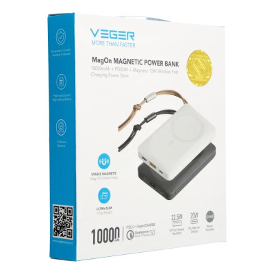 Зовнішній акумулятор VEGER 10000 mAh with wireless charging compatible with MagSafe PD QC3.0 2A 20W MagOn (VP1151 / W1151) white
