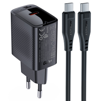 Мережевий зарядний пристрій з кабелем ACEFAST A82 PD20W GaN single USB-C charger set (P5) (EU) Black Мережевий зарядний пристрій з кабелем ACEFAST A82 PD20W GaN single USB-C charger set (P5) (EU) Black