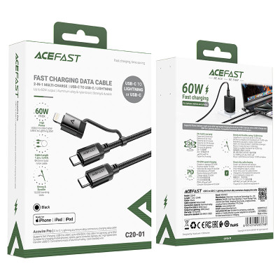 Кабель ACEFAST C20-01 USB-C to USB-C / Lightning aluminum alloy connectors charging data cable Black