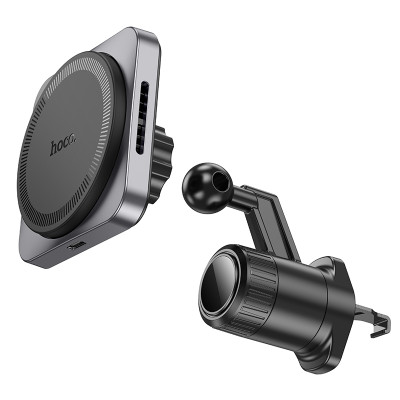 Автотримач для телефона з БЗП HOCO HW15 Speed magnetic wireless fast charging car holder(air outlet) Black Metal Gray