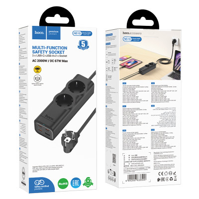 Мережевий подовжувач HOCO NS10 Wisdom 2-position (PD67W/3C1A) desktop socket (EU/GER) Black Мережевий подовжувач HOCO NS10 Wisdom 2-position (PD67W/3C1A) desktop socket (EU/GER) Black