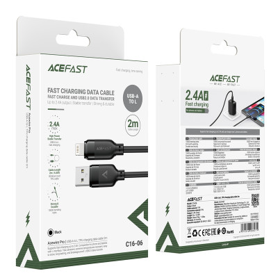 Кабель ACEFAST C16-06, USB to iP, 2.4A, 2m, TPE, TPU connectors, Black Кабель ACEFAST C16-06, USB to iP, 2.4A, 2m, TPE, TPU connectors, Black