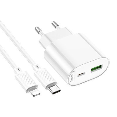 Мережевий зарядний пристрій HOCO C109A(PD20W+QC3.0) Fighter PD20W+QC3.0 charger set(C to iP) White Мережевий зарядний пристрій HOCO C109A(PD20W+QC3.0) Fighter PD20W+QC3.0 charger set(C to iP) White
