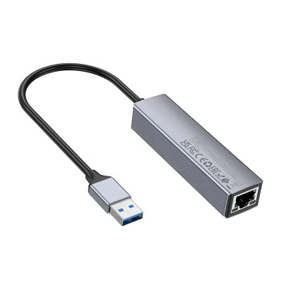 Кабель-перехiдник HOCO HB34 Easy link USB Gigabit Ethernet adapter(USB to USB3.0*3+RJ45) Metal Gray