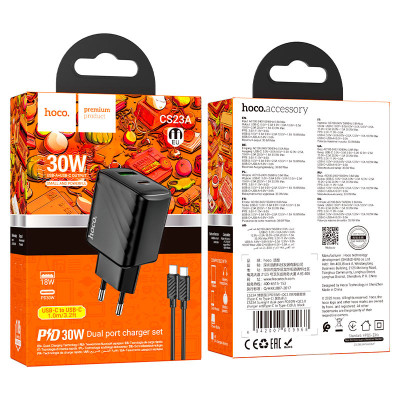 Мережевий зарядний пристрій з кабелем HOCO CS23A Sunlight dual-port PD30W+QC3.0 charger set(Type-C to Type-C)(EU) Black Мережевий зарядний пристрій з кабелем HOCO CS23A Sunlight dual-port PD30W+QC3.0 charger set(Type-C to Type-C)(EU) Black