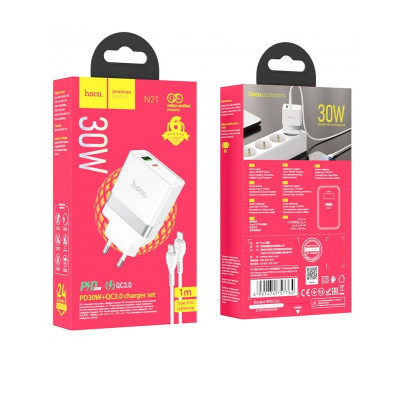 Мережевий зарядний пристрій HOCO N21 Extension speed PD30W+QC3.0 charger set(C to iP) White