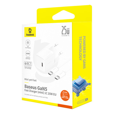 Мережевий зарядний пристрій з кабелем Baseus GaN5 Fast Charger (mini) 1C 25W EU Moon White (with: Fast Charging Data Cable Type-C) Мережевий зарядний пристрій з кабелем Baseus GaN5 Fast Charger (mini) 1C 25W EU Moon White (with: Fast Charging Data Cable Type-C)