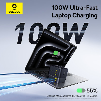 Мережевий зарядний пристрій Baseus Super GaN Desktop Charger with Retractable Cable 3C+U 100W EU Cosmic Black