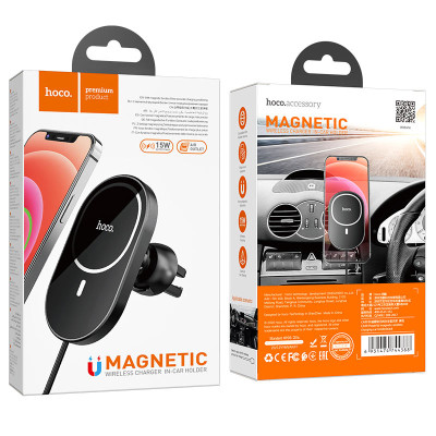 Автотримач для телефона з БЗП HOCO CA90 Powerful magnetic wireless charging car holder Black