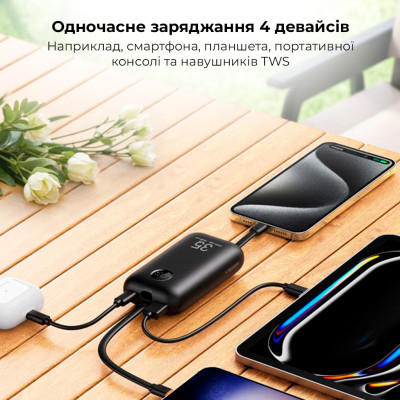 Внешний аккумулятор VEGER 10000 mAh with built-in cables Type C / Lightning PD QC3.0 35W K1 (W1188) black