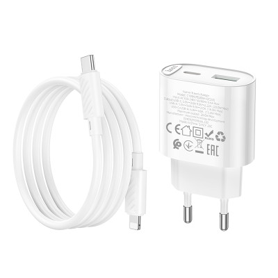 Мережевий зарядний пристрій HOCO C109A(PD20W+QC3.0) Fighter PD20W+QC3.0 charger set(C to iP) White Мережевий зарядний пристрій HOCO C109A(PD20W+QC3.0) Fighter PD20W+QC3.0 charger set(C to iP) White