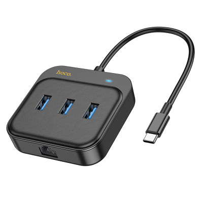 USB-Hub HOCO HB35 Easy link 4-in-1 Gigabit Ethernet Adapter(Type-C to USB3.0*3+RJ45)(L=0.2M) Black