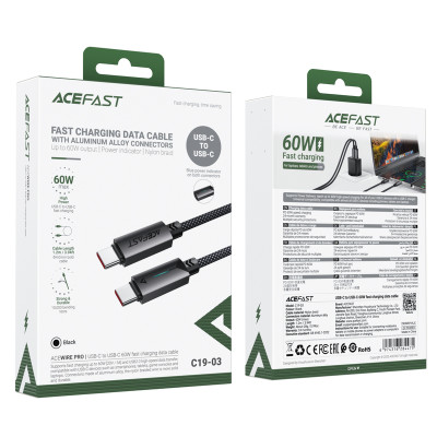 Кабель ACEFAST C19-03, Type-C to Type-C, 60W, 1.2m, Nylon Braid, Aluminum Alloy connectors, Black