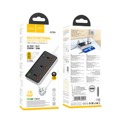 Мережевий подовжувач HOCO AC8A Storm 3-position socket(PD30W/1C3A) Black Мережевий подовжувач HOCO AC8A Storm 3-position socket(PD30W/1C3A) Black
