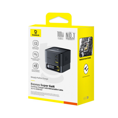 Мережевий зарядний пристрій Baseus Super GaN Desktop Charger with Retractable Cable 3C+U 100W EU Cosmic Black